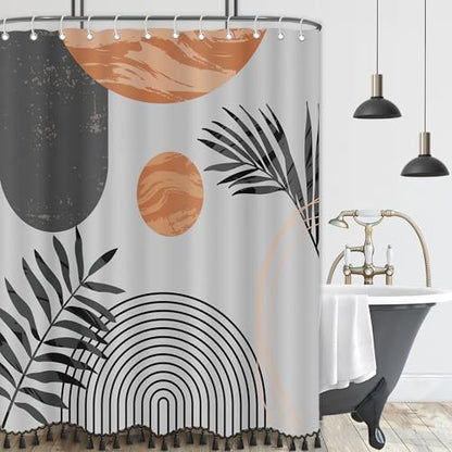 Boho Mid Century Leaf Shower Curtain Set,Arch Sun Design,Minimalistic Leaves Pattern,Waterproof and Luxurious Fabric-12 Hooks(Grey-72" x 96")