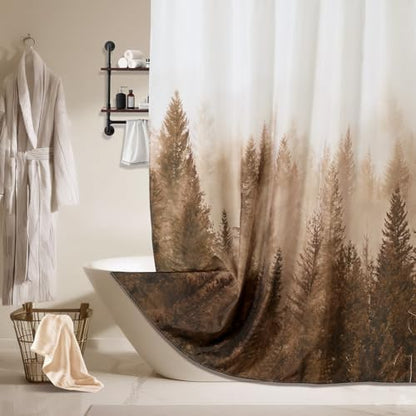 ORTIGIA Brown Misty Forest Shower Curtain for Bathroom, Nature Woodland Shower Curtain Set with Hooks, Decorative Pine Tree Fog Magic Bath Curtain for Home, Waterproof Fabric, Weighted, 72x72