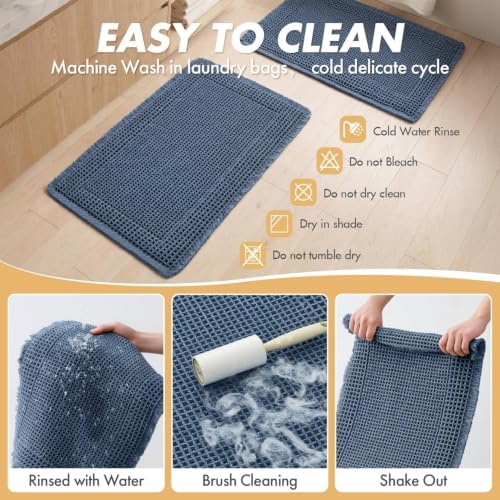 MIULEE Set of 2 Waffle Bathroom Rugs Bordered Bath Mat Blue 17"x24"+18"x30"