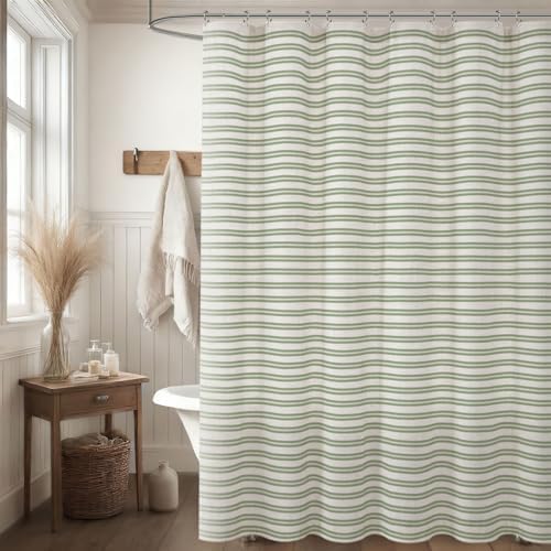 Farmhouse Striped Shower Curtain Horizontal Green Vintage Linen 72"W X 72"L