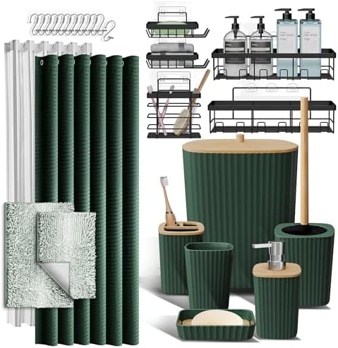 Clara Clark Bathroom Accessories Set - 27PC Bathroom Set with Adhesive Corner Shower Caddy Hanging, Bathroom Sets with Shower Curtain and Rugs, Ombre Green Shower Curtain Set with Bathroom Trash Can