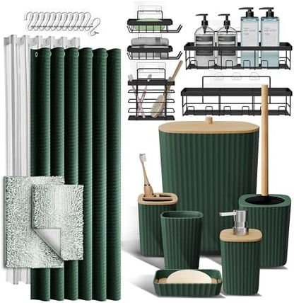 Clara Clark Bathroom Accessories Set - 27PC Bathroom Set with Adhesive Corner Shower Caddy Hanging, Bathroom Sets with Shower Curtain and Rugs, Ombre Green Shower Curtain Set with Bathroom Trash Can