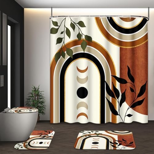 Bathroom Sets with Shower Curtain and Rugs, 4 Pcs, Mid Century Boho