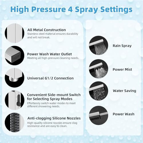 Hibbent All Metal CUPC Certified 12'' Rainfall Shower Head, Dual Shower Head Combo with 4 Handheld Sprays, High Pressure Shower Wand, 16'' Adjustable Extension Arm, 71'' Hose, Shower Holder, Chrome