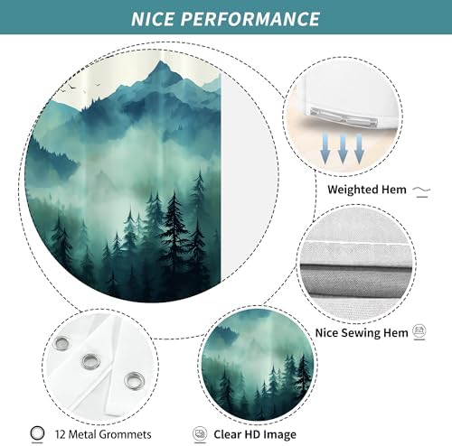 Teal Misty Foggy Forest Shower Curtain for Bathroom 72W*72H Inch Nature Tree Mountain Woodland Bathtub Decor Pine Tree Natural Country Cool Masculine Aesthetic Waterproof Polyester Fabric