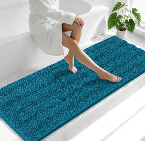 Smiry Thick Chenille Bathroom Runner Rugs 70x24, Bath Mat, Peacock Blue