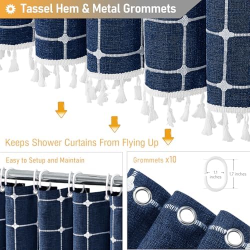 BTTN 60x72 Boho Farmhouse Linen Heavy Duty Shower Curtain Set, Navy Blue