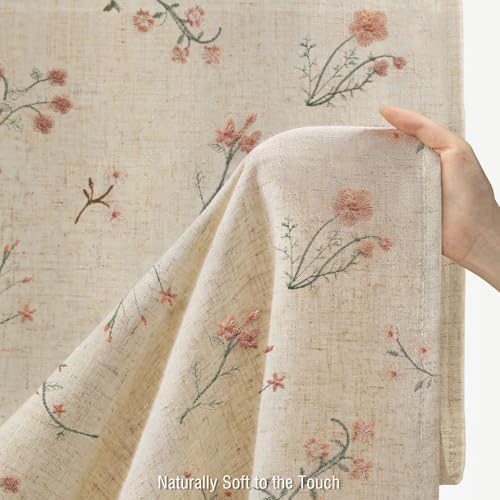 Floral Farmhouse Vintage Linen Shower Curtain Embroidered Textured 72Wx78H
