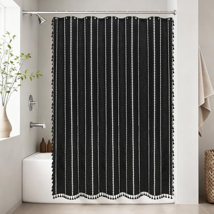 Seenus 72 x 76 inch Extra Long Boho Chic Shower Curtain Heavyweight with Tassels, Soft Linen Textured Fabric Farmhouse Shower Curtain, Elegant Black and White Striped Bathroom Curtain Water Repellent