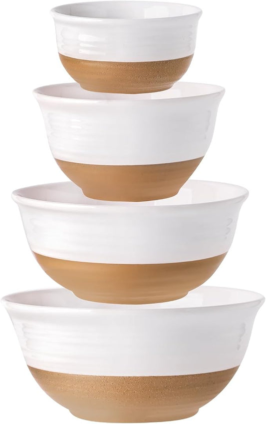 HASENSE Nesting Ceramic Mixing Bowls Set of 4, 2.1/1.5/1.0/0.5 Qt White & Terracotta Stoneware Bowls, Farmhouse Bowls for Cooking, Prepping, Salad & Soup, Dishwasher & Microwave Safe, Serving Dishes