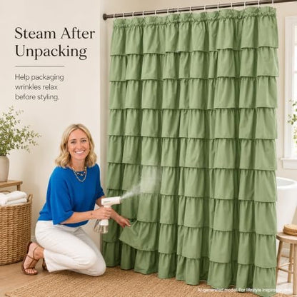 Sage Green Ruffle Shower Curtain for Bathroom, 72x72 inch, 1 Panel