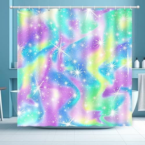 Rainbow Shower Curtain Holographic Gradient Colorful Kids Shower Curtain for Bathroom, Waterproof Polyester Machine Washable Home Decor Bath Curtains with Hooks, 72 x 72 Inch