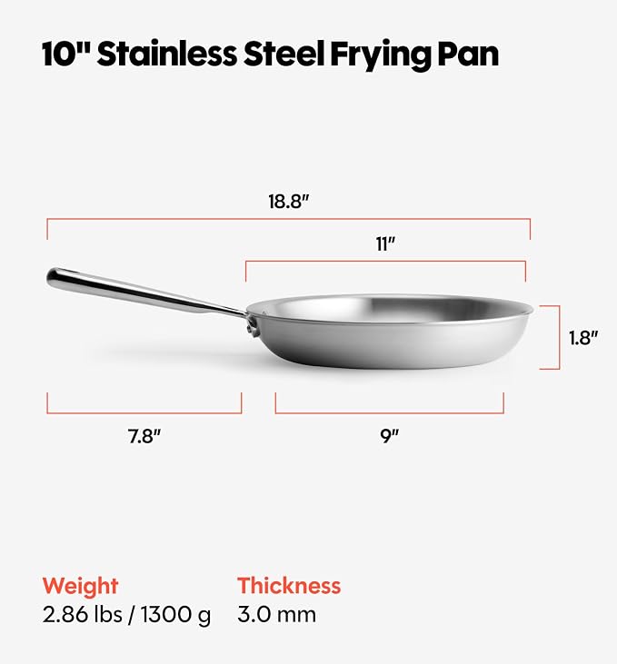 Misen 5-Ply Stainless Steel 10" Frying Pan - Professional Cookware for Induction, Gas and Electric - Dishwasher Safe, Oven Safe to 800°F - Durable, Versatile, Even Heating