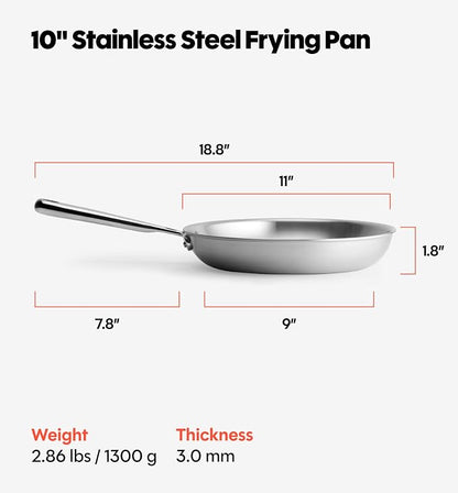 Misen 5-Ply Stainless Steel 10" Frying Pan - Professional Cookware for Induction, Gas and Electric - Dishwasher Safe, Oven Safe to 800°F - Durable, Versatile, Even Heating