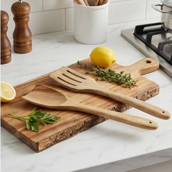 Natural Wooden Spoon Set for Cooking - 2 Piece Mango Wood Utensils Set Includes Spatula & Serving Spoons - Nonstick Safe Kitchen Tools