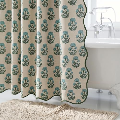 Boomkin Block Print Scalloped Shower Curtain Set with 12 Hooks