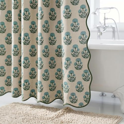Boomkin Block Print Scalloped Shower Curtain Set with 12 Hooks