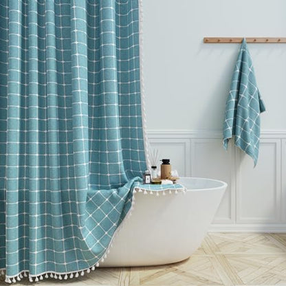 BTTN Extra Long Boho Farmhouse Linen Shower Curtain, 72x96, Turquoise/Teal