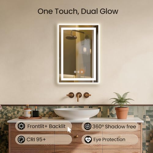 20"x28" LED Bathroom Mirror with Anti-Fog, Backlit & Front Lights, Memory