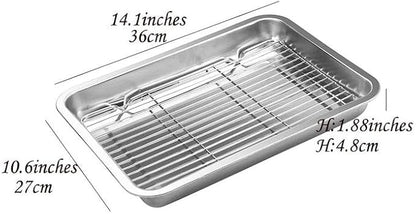2 Set Broiler Pan Stainless Steel Baking Pan with Grill Rack for Dinner Party 14.1"* 10.6"*1.9"