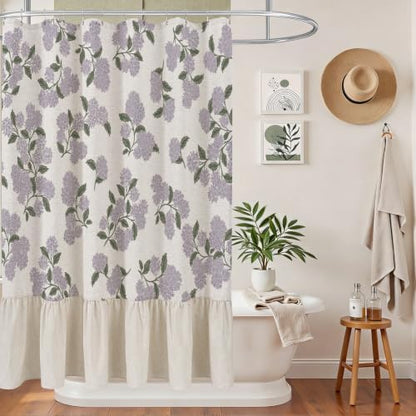 ORTIGIA Linen Textured Ruffle Shower Curtain with Metal Hooks, Vintage Purple Hydrangea Floral Boho Waterproof Bath Curtain for Rustic Farmhouse Bathroom Decor 72x72 Inch