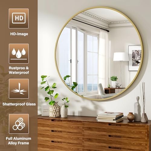 XRAMFY 36 Inch Round Mirror-Gold Circle Mirrors for Bathroom, Entryway