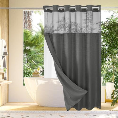 Gibelle No Hook Cloth Charcoal Grey Shower Curtain with Liner, 72x86