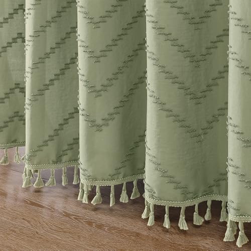 OWENIE Boho Shower Curtain, Light Green Fabric Cloth Shower Curtains Farmhouse Tufted Chevron Striped Textured with Tassel for Bathroom, Soft Hotel Style Modern Minimalist, Machine Washable, 72x72