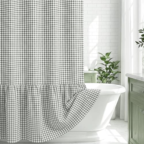 HunnmingRe Ruffle Hem Gingham Shower Curtain Sage Green