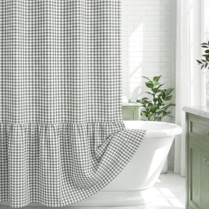 HunnmingRe Ruffle Hem Gingham Shower Curtain Sage Green