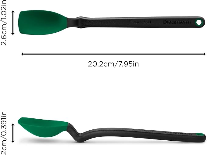 Dreamfarm Mini Supoon Non-Stick Sit-Up Silicone Scraping Cooking Spoon, Jar Scraper Measures 5ml Tsp - 8" Forest Green