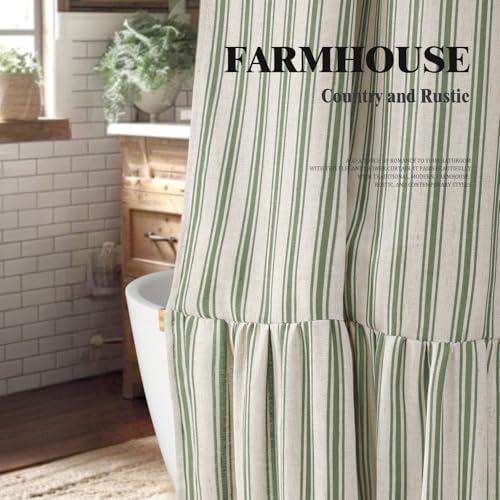 Farmhouse Shower Curtain Ruffle Linen Cream-Green Stripe 60"W x 72"L