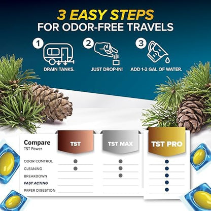 Camco TST PRO RV Toilet Treatment Drop-INs - Innovative Bio-Enzymatic Formula - Fastest Odor Stopper & RV Sewer Waste Break Down - RV Black Tank Treatment - Fresh Pine - Septic-Safe, 10-Pk (41770)