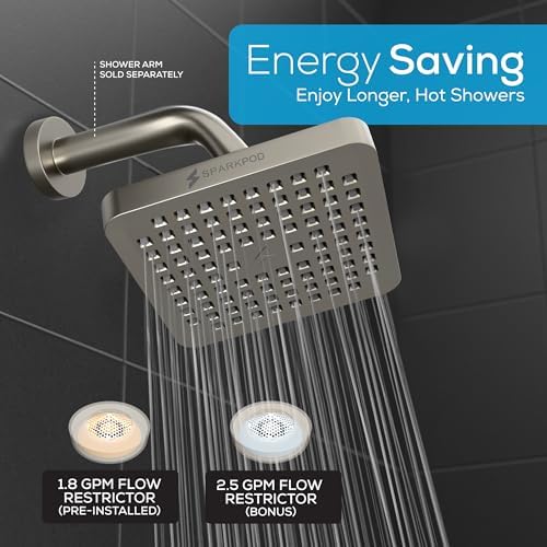 SparkPod Rain Shower Head, 6 Inch Square, Elegant Brushed Nickel Finish