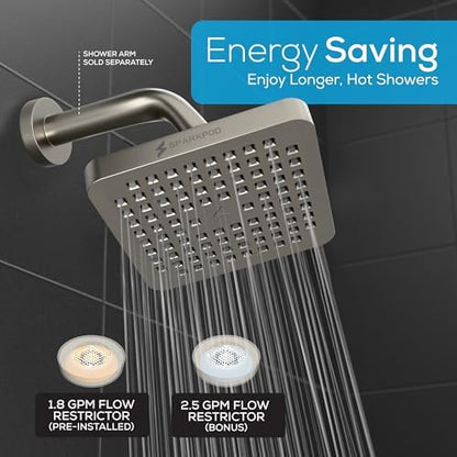 SparkPod Rain Shower Head, 6 Inch Square, Elegant Brushed Nickel Finish