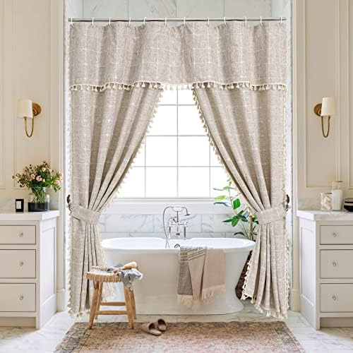 Boho Farmhouse Classic Plaid Double Swag Tassel Shower Curtain Tan,72x72