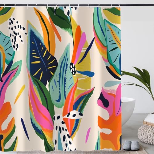 Boho Colorful Floral Shower Curtain, Abstract Art Modern Asthetic Jungle Plant Leaf Bathroom Curtain with 12 Hooks, Waterproof Polyester Fabric Bath Curtain with Hooks 72x72 Inch