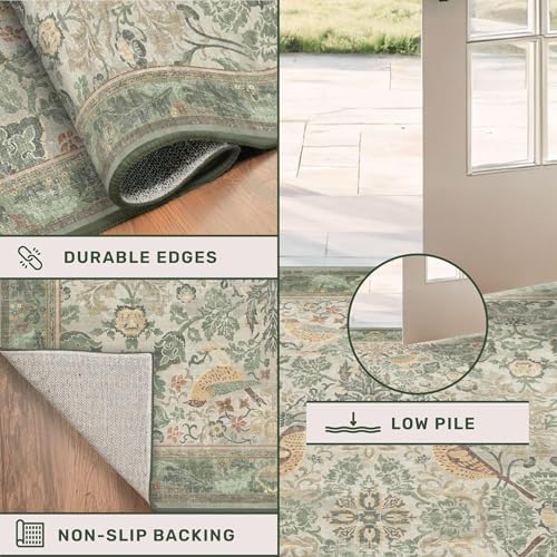 Hazo Haus Vintage Bird Patterned 8ft Area Round Rug for Living Room - Large Sage Green Washable Circular Rug for Kids Bedroom, Dining Room, with Botanical Floral, Low Pile Non Slip Stain Resistant