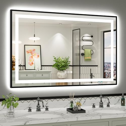 55x36 Inch LED Bathroom Mirror with Black Frame, Backlit & Front Lit