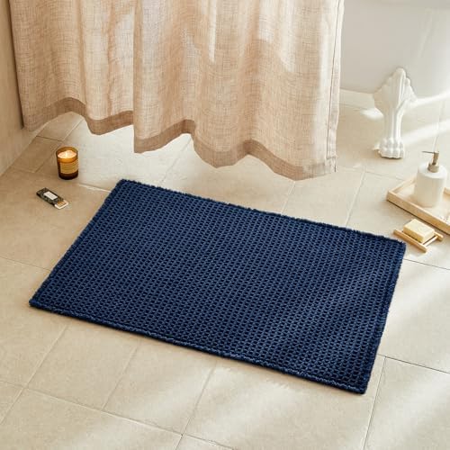 TYUU Waffle Bath Mat, Boho Bathroom Rugs Non Slip, 36x24 Navy Blue