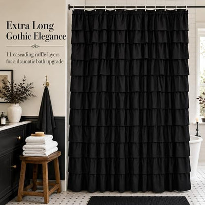 Black Gothic Shower Curtain for Bathroom, Extra-Long 72 x 84 inch, Ruffle