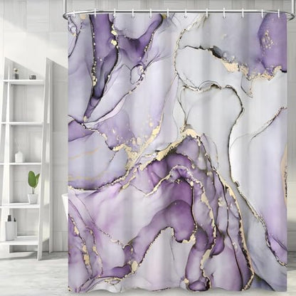 Purple Marble Shower Curtain, Modern Abstract Luxury Purple Gold Ink Texture Watercolor Art Bathroom Curtains Ombre Machine Washable Waterproof Fabric Bathtub Curtain Set with Hooks 72" Wx72 L