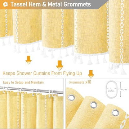 BTTN 54x78 Boho Farmhouse Linen Heavy Duty Cloth Shower Curtain Set, Yellow