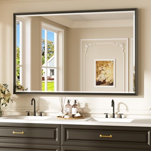 Keonjinn 55" x 36" Black Framed Bathroom Mirror, Safe HD Tempered Glass