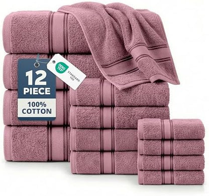 LANE LINEN Bath Towel Set 100% Cotton 12 Piece Soft - Wishful Mauve