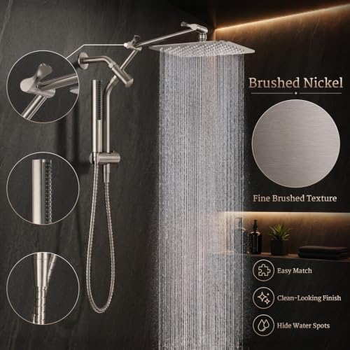 Veken All Metal 10" Luxurious Brushed Nickel Rain Shower Head with Handheld