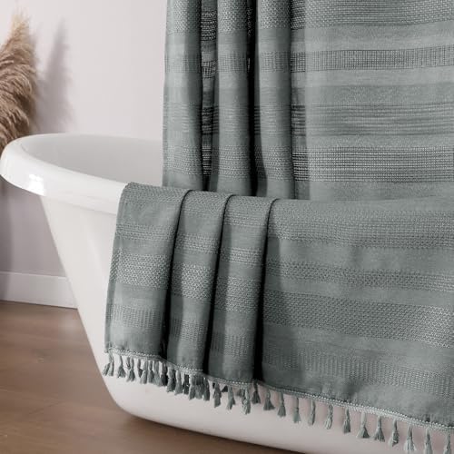 OVZME Light Grey Shower Curtain for Bathroom, Boho Linen Textured Shower Curtain with Tassel, Rustic Striped Heavy Duty Vintage Country Bathroom Curtain, 72Wx72L Inches