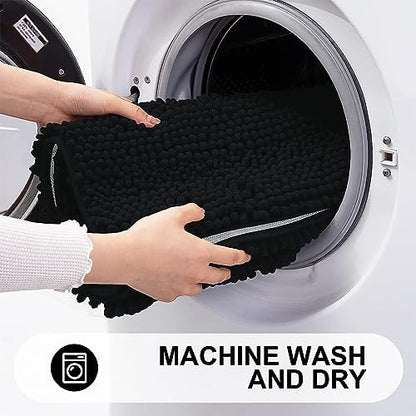 Grandaily Chenille Striped Bathroom Rugs 59x20, Extra Thick and Absorbent Bath Mats, Non-Slip Soft Plush Shaggy Shower Carpet, Machine Wash Dry, Bath Rug for Bathroom, Black