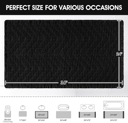 Upgraded Waffle Bath Mat, 36"x24" Black-Herringbone, Super Absorbent Non-Slip Quick Dry Bathroom Rugs with Tassels, Machine Washable Ultra Soft Boho Bath Rugs, Toilet Mats Boho Farmhouse Decor