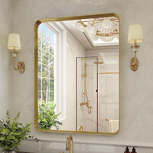 VooBang Bathroom Mirror 24x36 inch, Gold Gorgeous Deep Frame Wall Mirror, Modern Round Corner Bathroom Vanity Mirror for Bedroom, Living Room, Hanging or Leaning Horizontal or Vertical, Gold